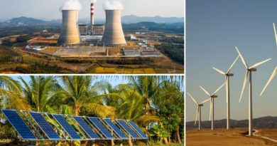 Renewable energy sources: (top left) geothermal plant, (bottom left) solar panels and (right) wind turbines.