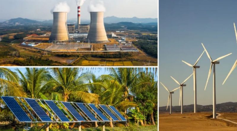 Renewable energy sources: (top left) geothermal plant, (bottom left) solar panels and (right) wind turbines.